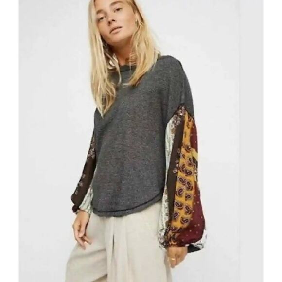 Free People Balloon Sleeve Boho Patchwork Thermal Waffle Knit Shirt Size Small - Picture 1 of 11